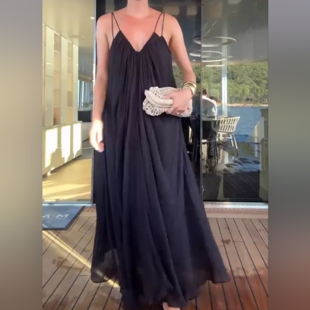 H&M A-line Cotton Maxi Dress Strappy Crinkled long Loose-fit Black.